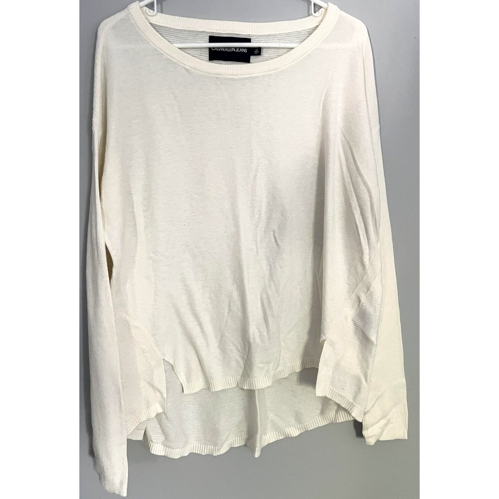Calvin Klein Jeans Sweater Womens Large White Hi Low Hem Long Sleeve Knit